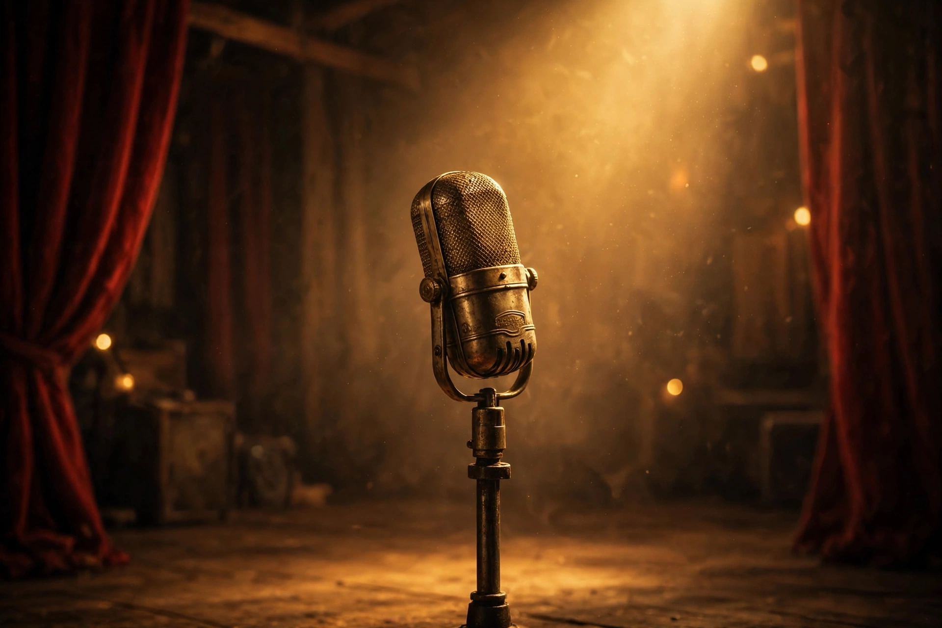 Vintage microphone on a stage with warm golden light.