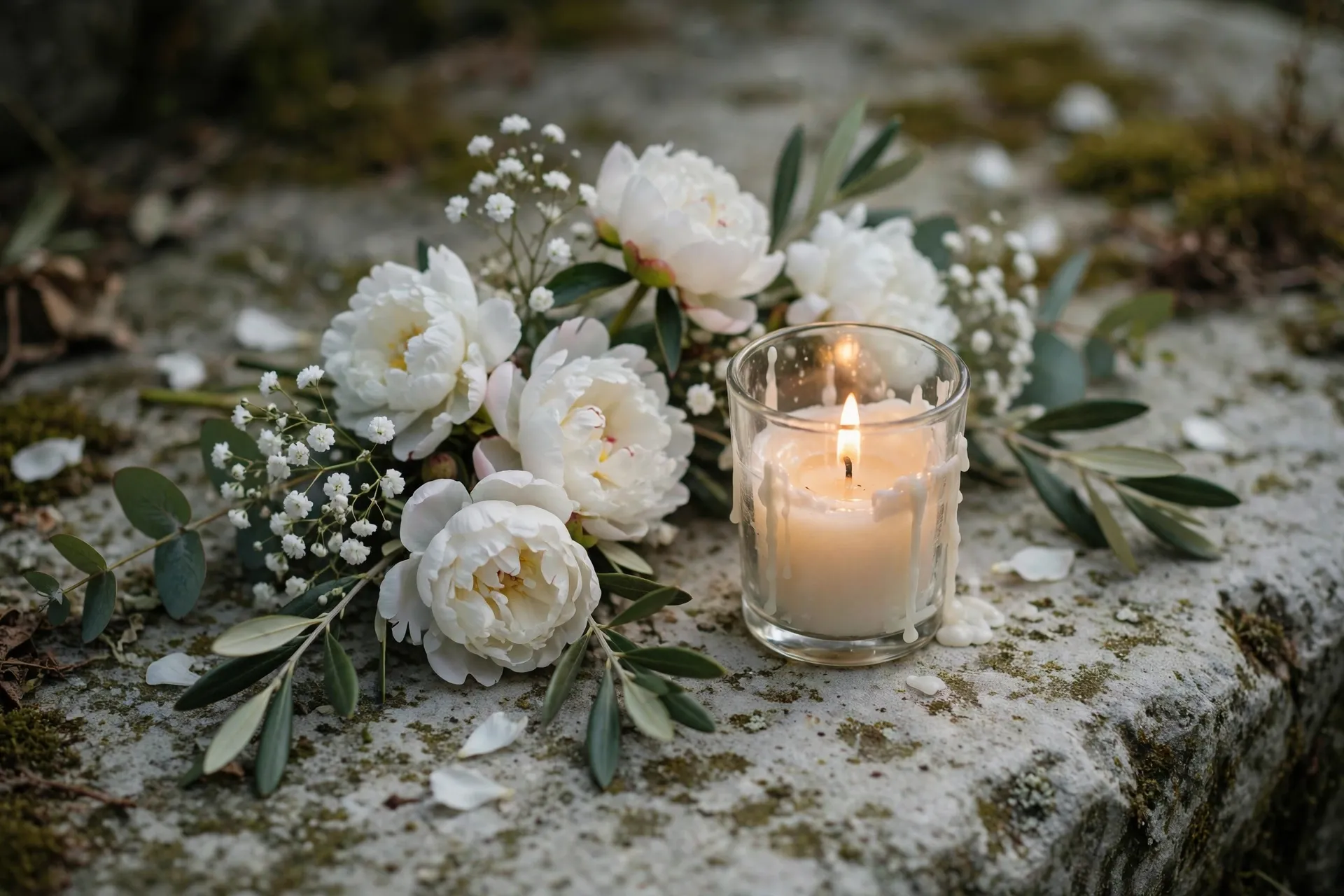 White flowers and a lit candle on a stone surface in soft light.