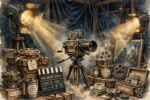 Vintage film set with an old cinema camera, film reels and dramatic studio lighting