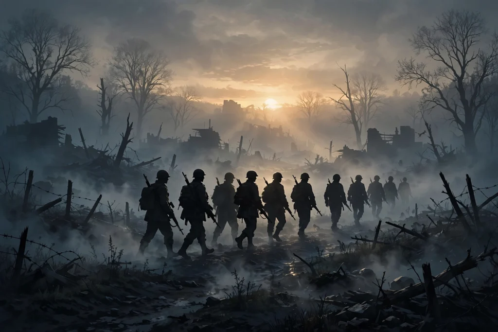 Silhouette of soldiers walking through a misty battlefield at dawn