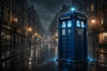 Blue police box on a rainy London street at night, Doctor Who themed scene