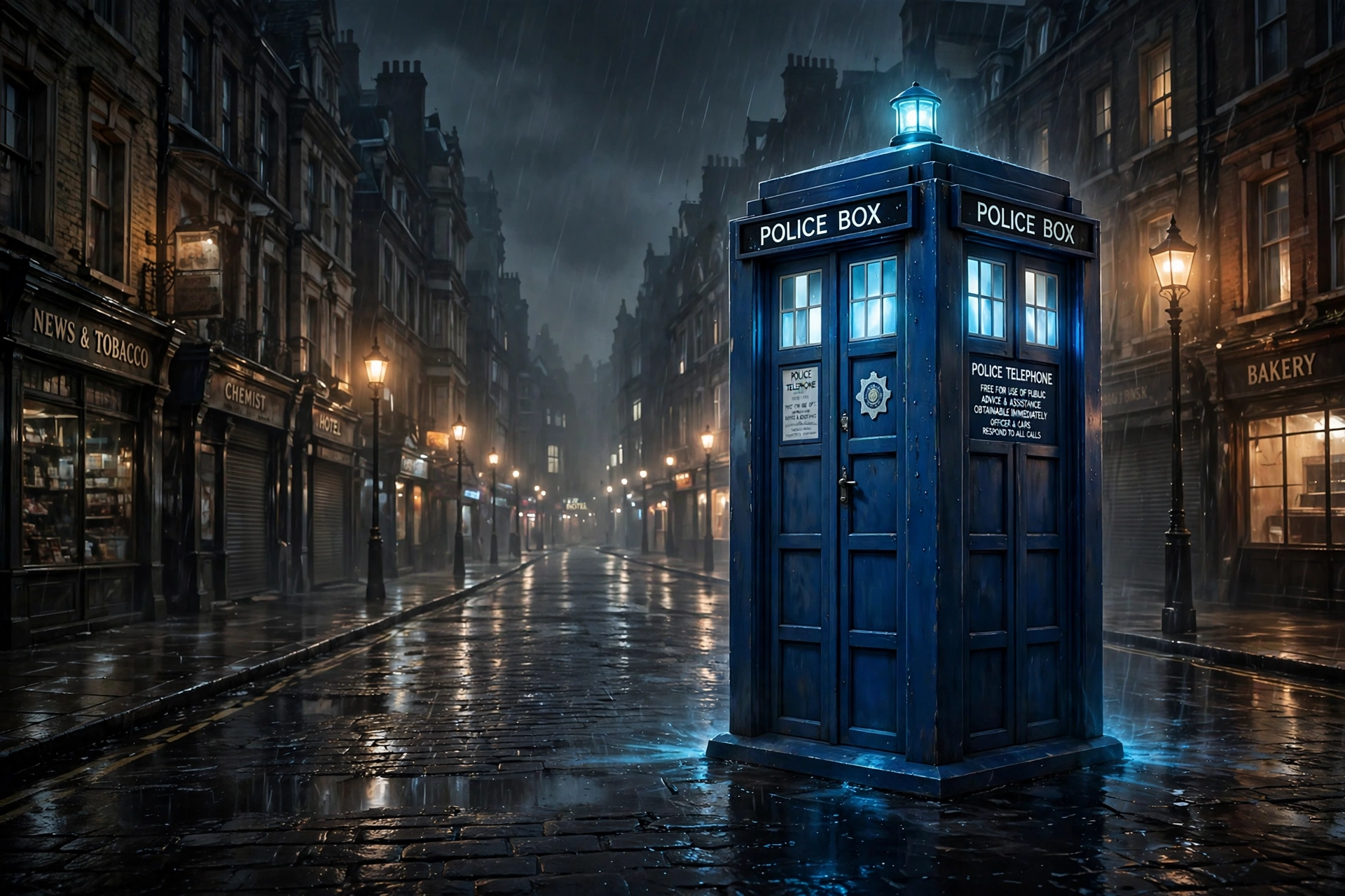 Blue police box on a rainy London street at night, Doctor Who themed scene