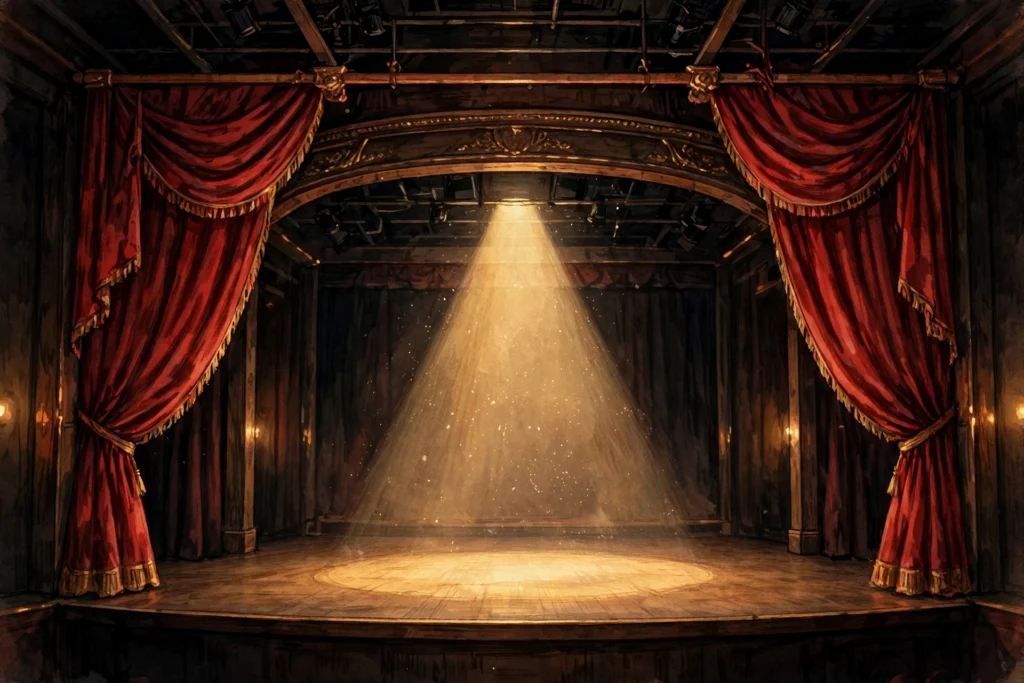 Theatre stage with a dramatic spotlight and red velvet curtain