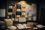 Police investigation board room with evidence photos and map, detective drama theme