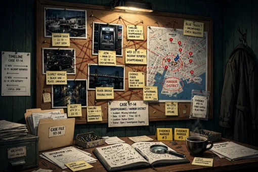 Police investigation board room with evidence photos and map, detective drama theme