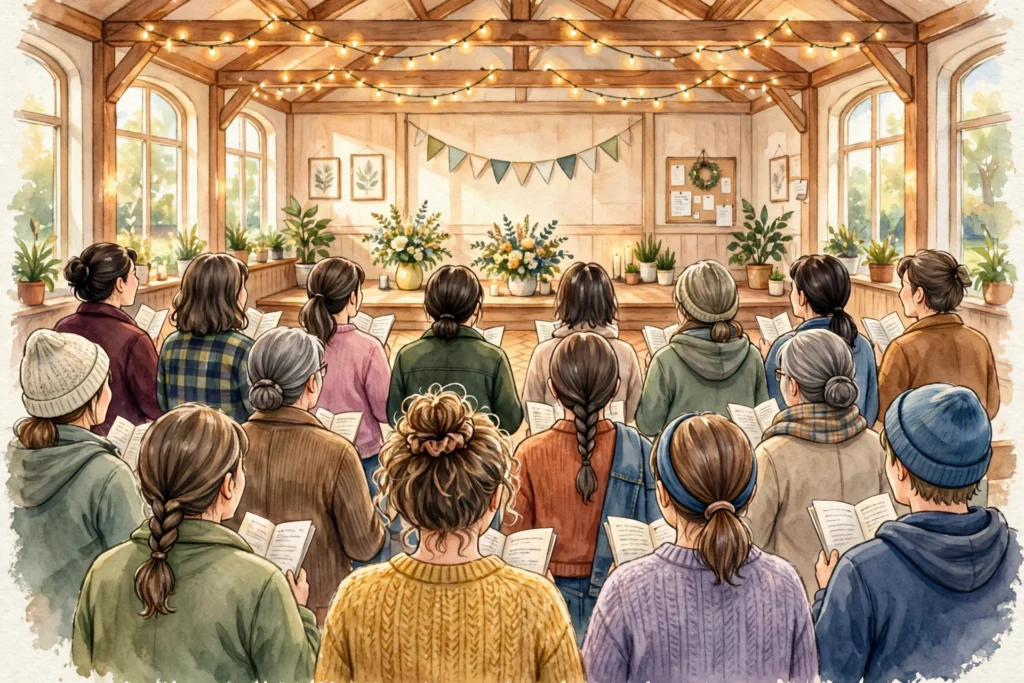 Community choir singing together in a warm bright hall