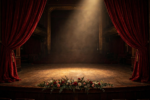 Theatre stage with red velvet curtains and a single warm spotlight in tribute