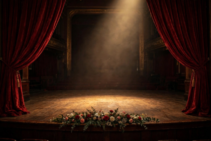 Theatre stage with red velvet curtains and a single warm spotlight in tribute