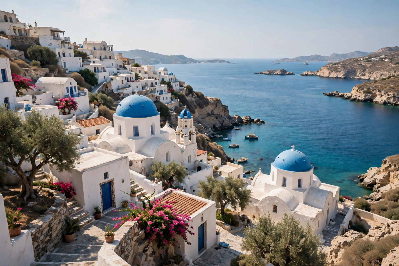 Sunlit Greek island coastline with whitewashed houses and a turquoise sea