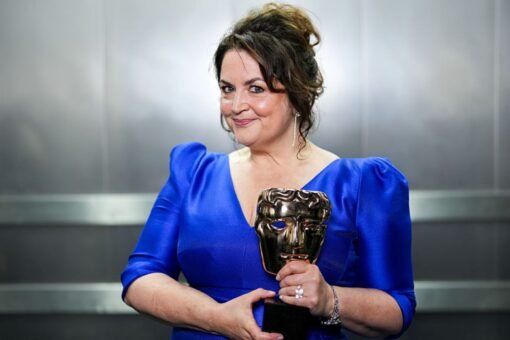 Ruth Jones holding her BAFTA award for Gavin & Stacey