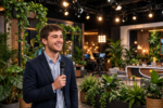 Smiling television presenter hosting a show in a bright TV studio with jungle-style plants