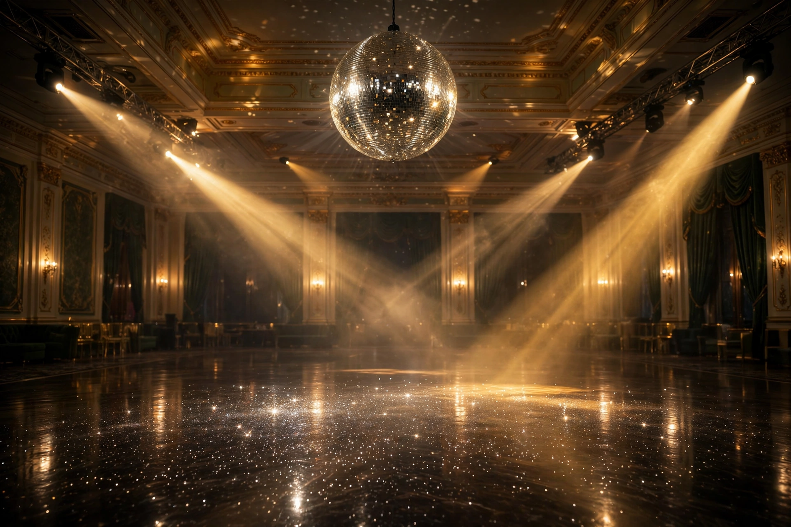Glittering empty ballroom dance floor with a mirrored glitterball and golden spotlights