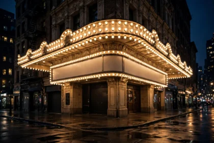 Broadway-style theatre marquee lights glowing at night, no show titles.